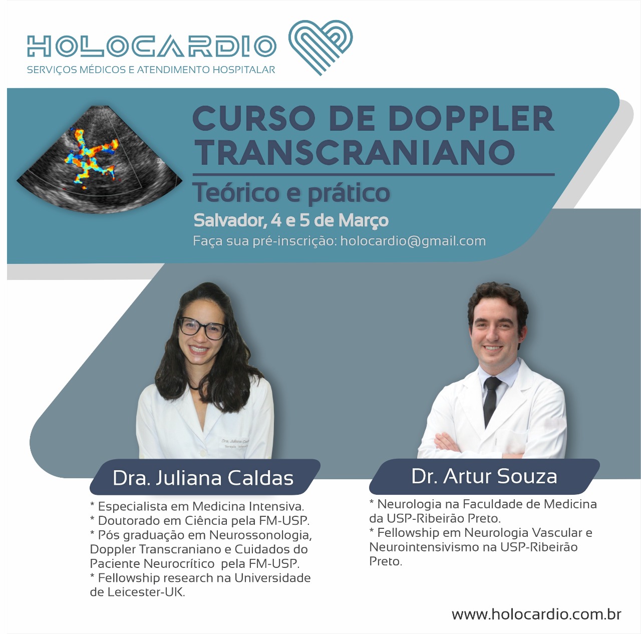 Em 2023 realizaremos o primeiro curso de Doppler transcraniano de Salvador. Acreditamos na importância em difundir o método, pois isto implica numa melhor assistência e melhor resultado no tratamento de várias patologias. Nosso objetivo é sedimentar o conhecimento de forma teórica e prática trazendo tudo que há de novo e de relevante na literatura sobre o tema . O programa se desenvolverá em 2 dias em ambiente agradável , e usaremos aparelhos de última geração. No entanto, você já pode confirmar seu interesse no curso preenchendo este formulário. O investimento será de 3500 reais para aqueles que fizerem o pré-cadastro.